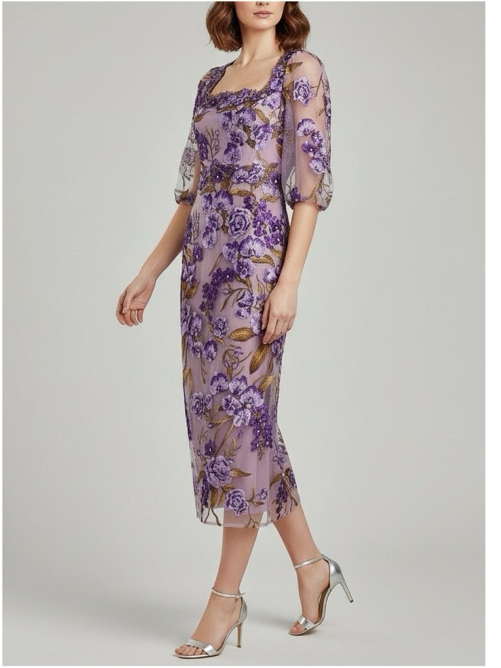MARCHESA NOTTE Orchid & Rose Embroidered Tulle Cocktail Dress, Purple, 2 (US) - Picture 3 of 12